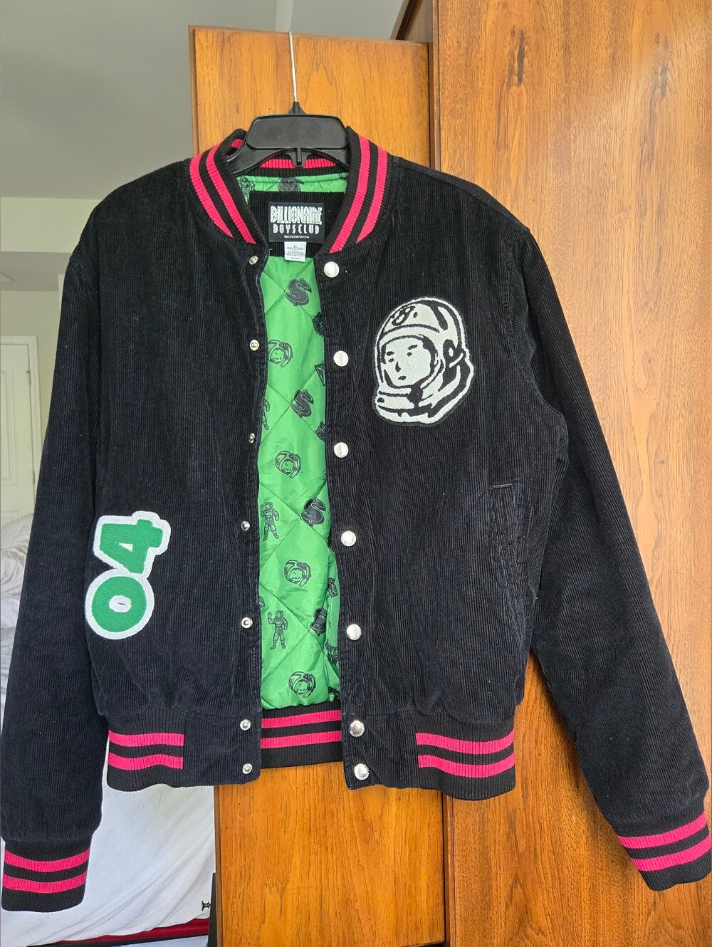Billionaire Boys Club Kids Black Corduroy Varsity Jacket with Green Lining